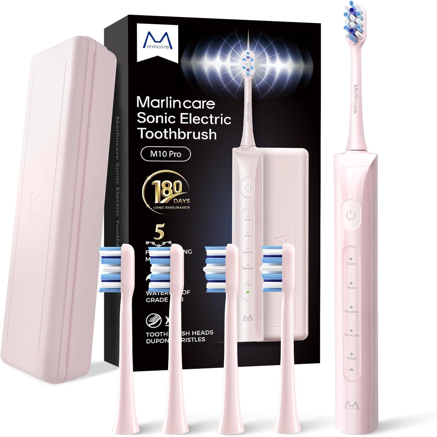 Electric Toothbrush for Adults, Rechargeable Sonic Travel Toothbrush Teens with 4 Brush Heads-180 Days Battery Life, 55000VPM, 5 Modes Smart Timer& Travel Case, Pink