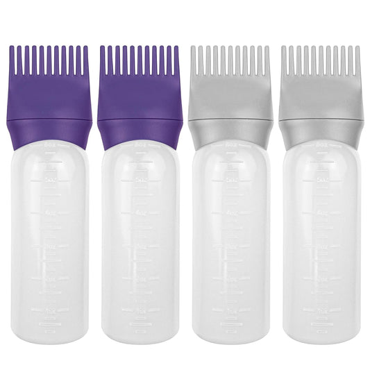 ELANE 4 Pcs Root Comb Applicator Bottle, 6oz, Hair Oil Applicator Bottle for Hair, Dye, Shampoos, Salons, Camping, Traveling (Purple+Grey)