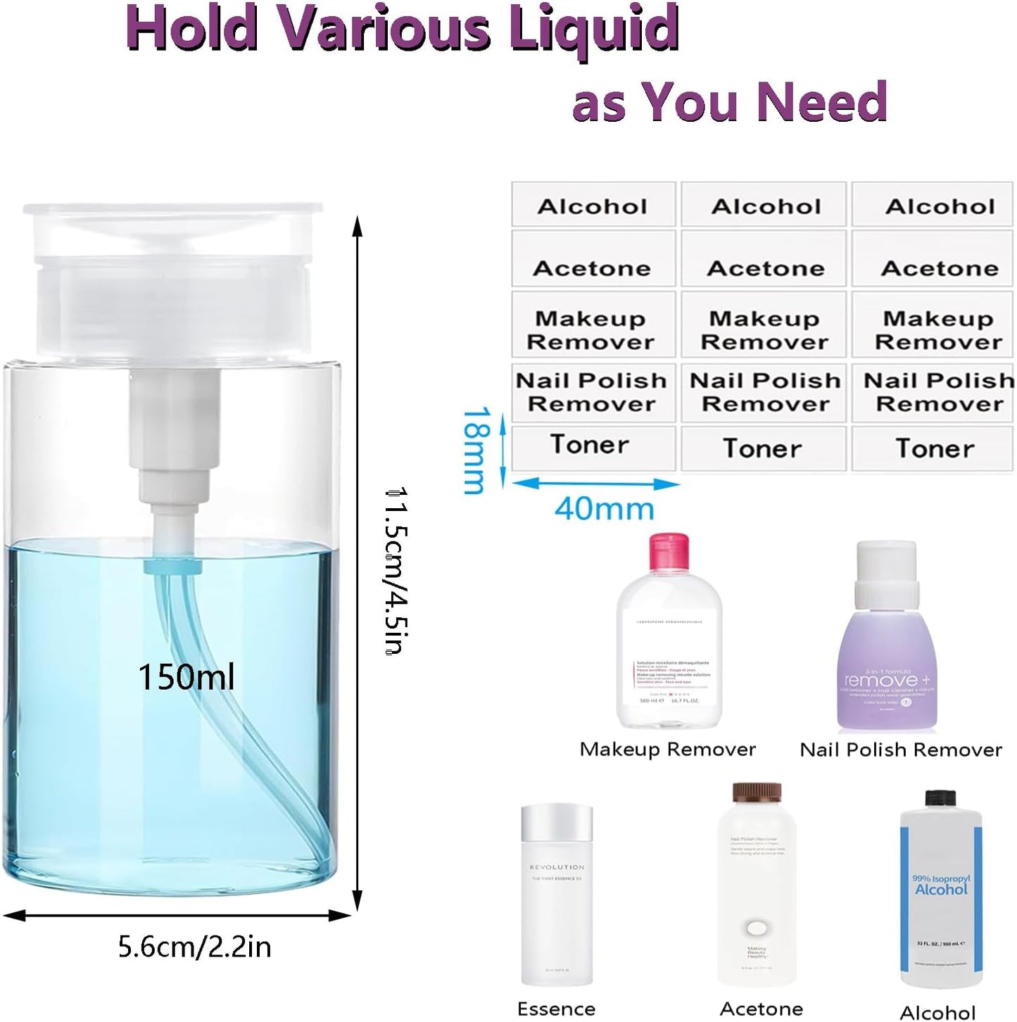 Push Down Pump Dispenser, 5.1oz Clear Pump Bottles with Alcohol, Acetone, Nail Polish Remover, Makeup Remover, Toner Stickers Empty Push Top Container for Liquid (150ml-4Pack)