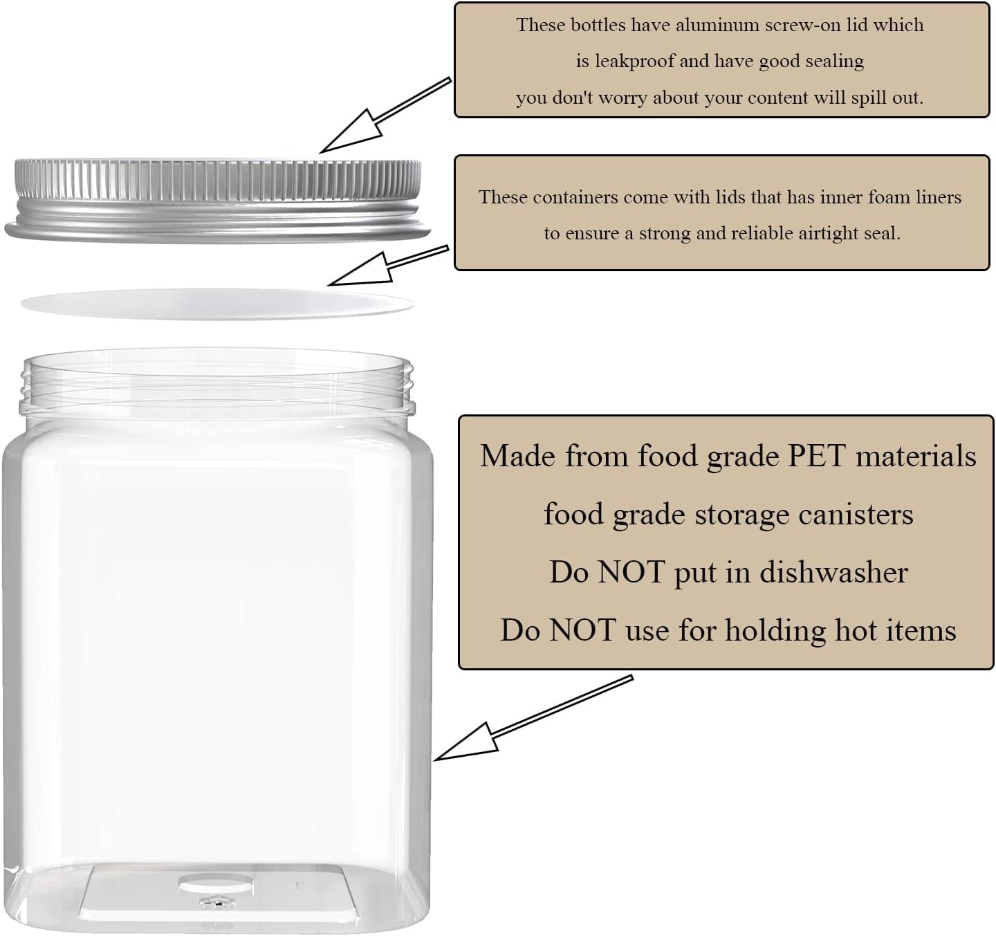 MANSHU 2 Pack 24 Oz Clear plastic jar, Refillable Kitchen Storage Containers, For Kitchen & Household, Aluminum cap.