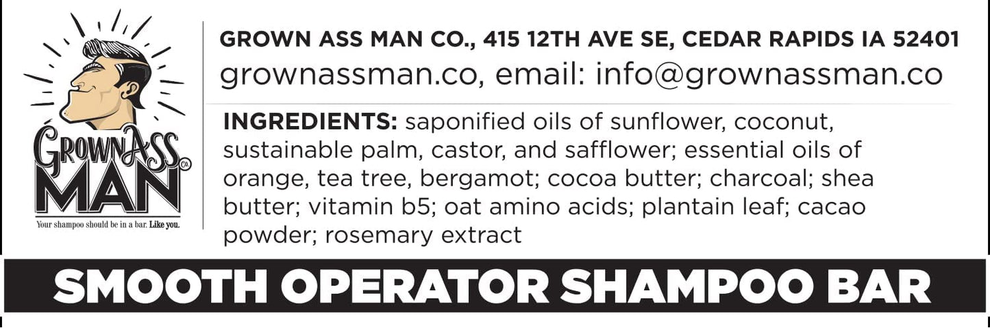 Grown Ass Man Co. - Solid Shampoo Bar Rich Lather 3 in 1: Hair, Beard & Body Wash - Plastic Free & Eco-Friendly, Natural & Organic Clean for All Hair Types, 4oz Bar (Smooth Operator, 6-Pack)