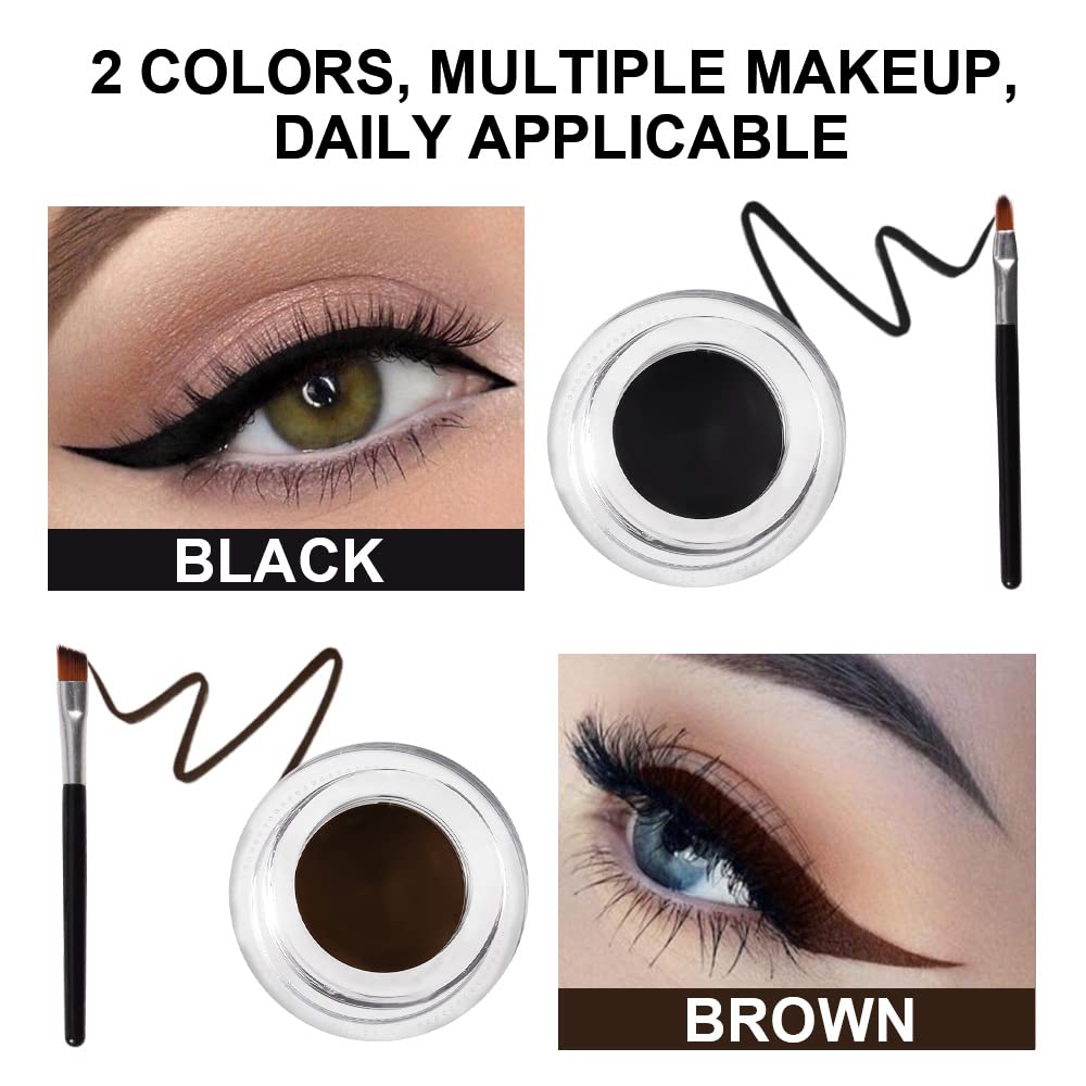 evpct 2 in 1 Black & Brown Gel Eyeliner Waterproof Smudge Proof for Waterline Eyebrow Cream Pomade Set with Brushes Long Wear delineador blanco Work Great with Eyebrow Eyeliner Face Body Paint Stick
