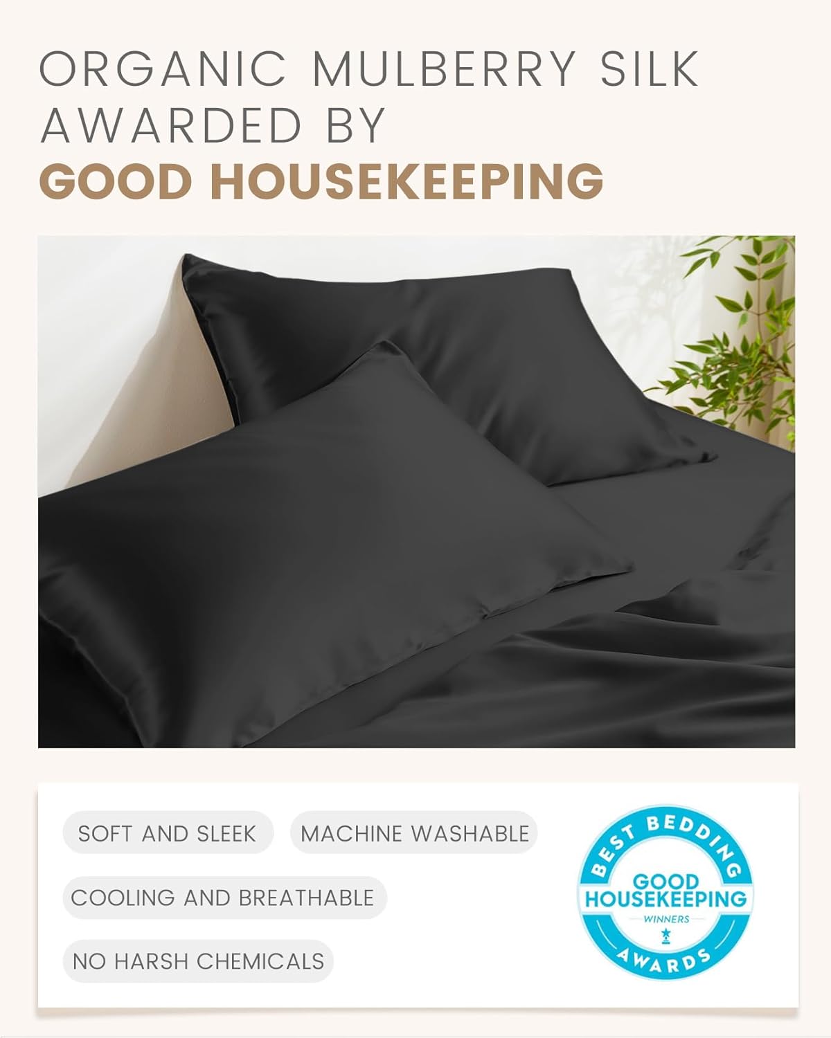 THXSILK Set of 2 Pure Mulberry Silk Pillowcases for Hair and Skin - Allergen Resistant Dual Sides, 19 Momme Silk Bed Pillow Cases with Hidden Zipper, Standard Size Silk Pillowcase(20"x26"), Black