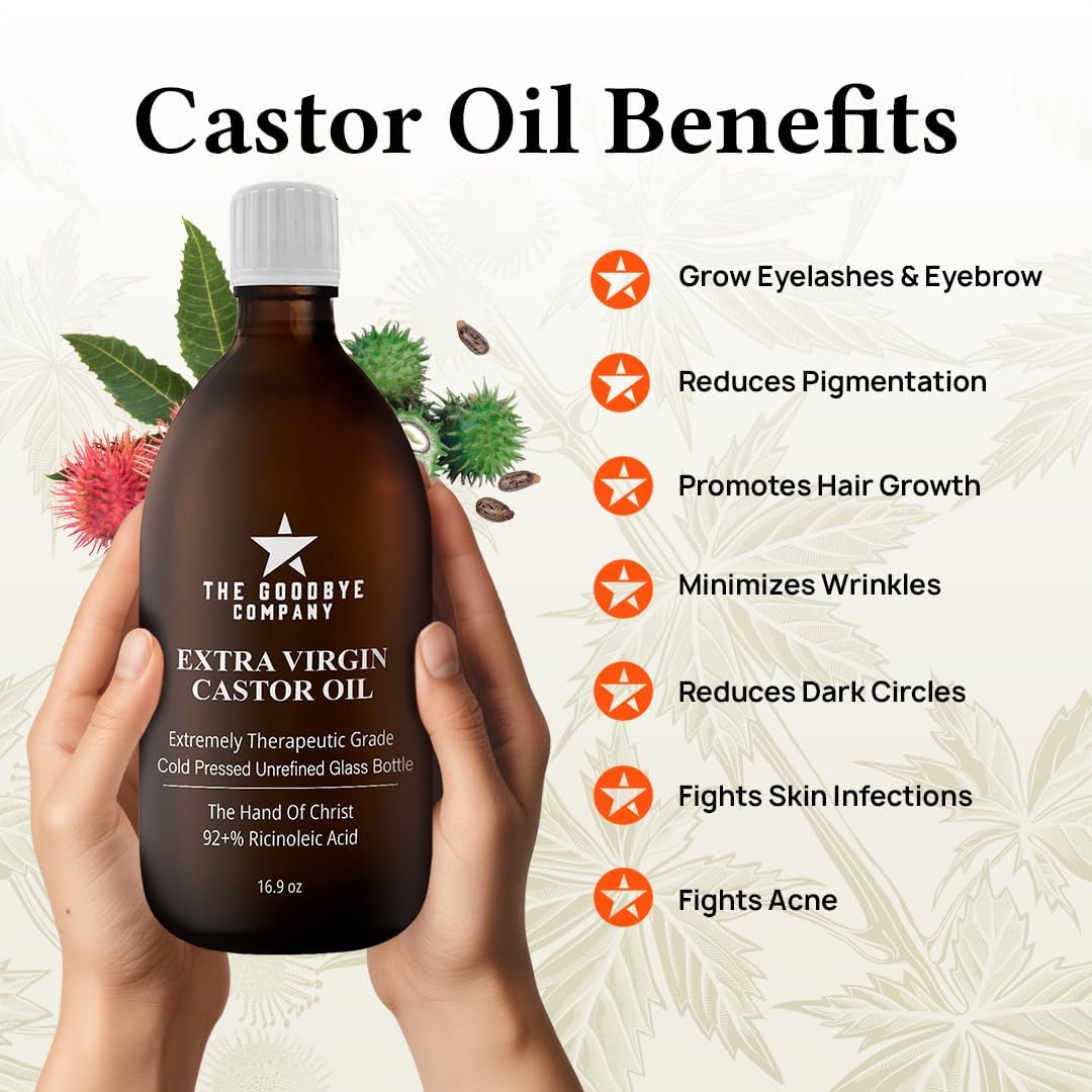 The Goodbye Company Castor Oil USDA Certified Organic Glass Bottle Pure Cold-Pressed(500 mL)100%Natural Virgin Castor Oil Unrefined Moisturise Skin Hair Growth Eyelashes,Hexane&BPA Free 16.90 Ounces