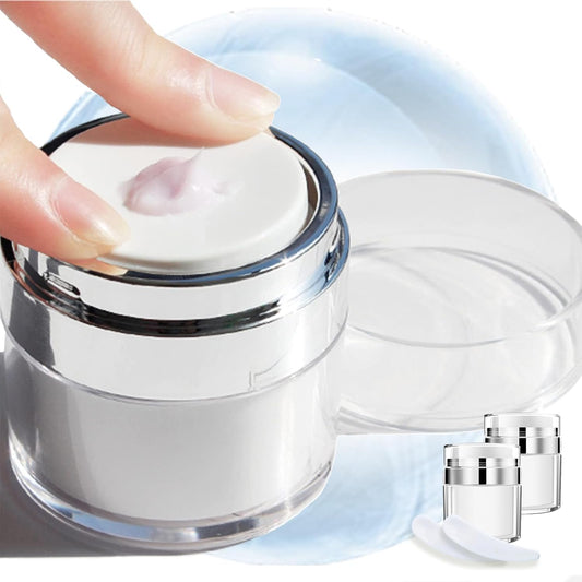 Leak-Proof DIY Travel Airless Pump Jar, 15/30/50ml Refillable Vacuum Bottle Dispenser for Creams/Lotions, Portable Cosmetic Container with Push Down Pump Dispenser (White, 50ml+50ml)