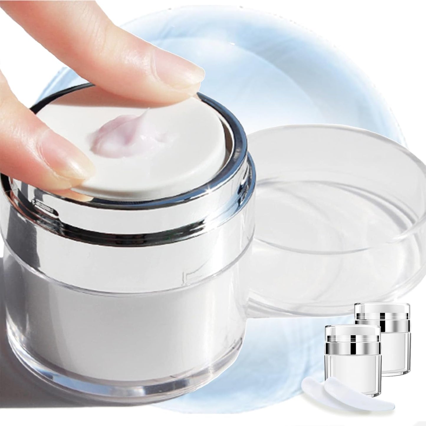 Leak-Proof DIY Travel Airless Pump Jar, 15/30/50ml Refillable Vacuum Bottle Dispenser for Creams/Lotions, Portable Cosmetic Container with Push Down Pump Dispenser (White, 30ml+30ml)