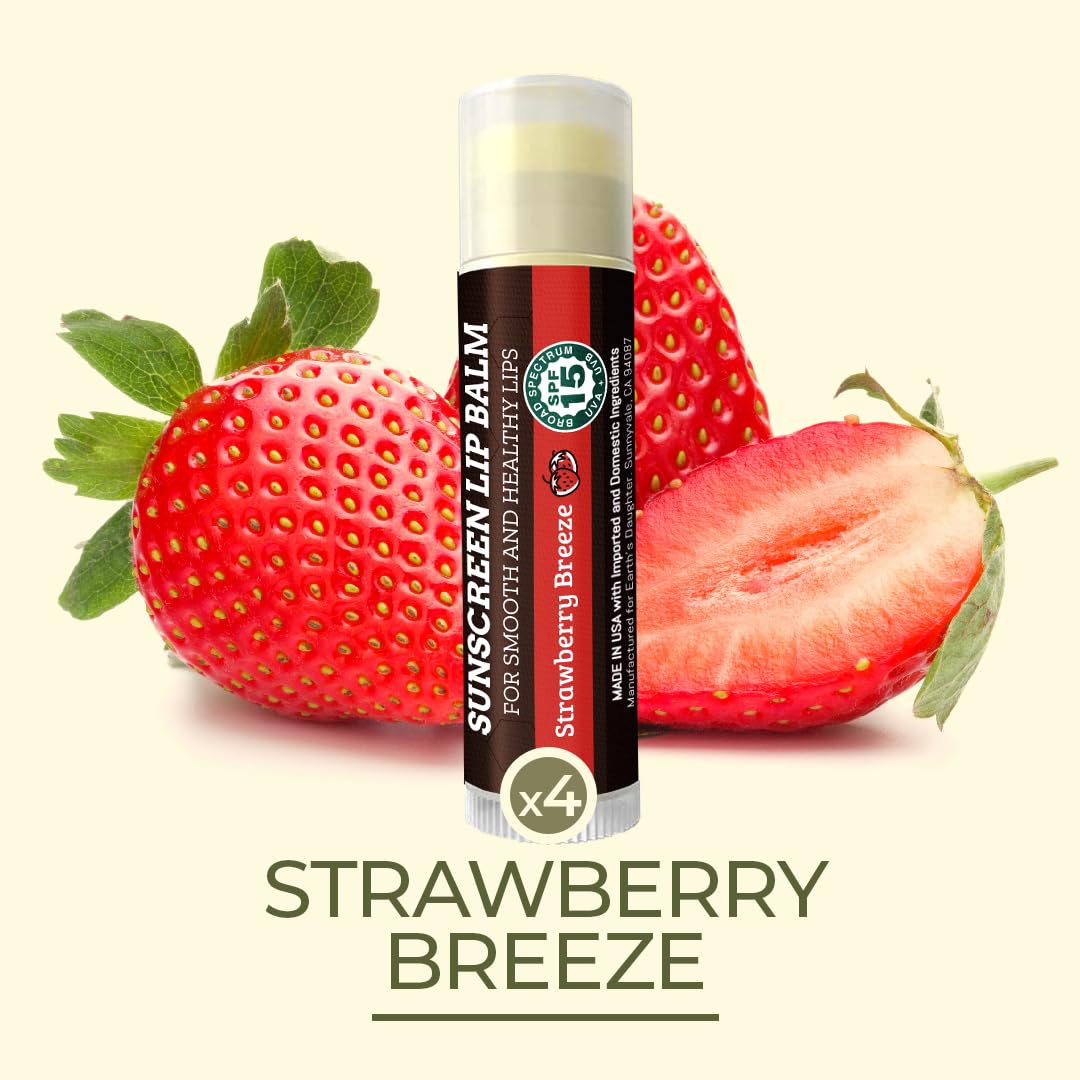 Earth's Daughter SPF Lip Balm 4-Pack Strawberry Flavor - Lip Sunscreen, SPF 15, Organic Ingredients, Beeswax, Coconut Oil, Vitamin E - Hypoallergenic, Paraben Free, Gluten Free