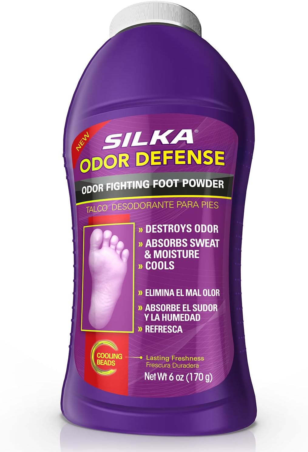 SILKA Odor Fighting Foot Powder & Shoe Deodorizer with Corn Starch Powder, Talc & Cooling Beads for Lasting Freshness, Absorbs Sweat & Excess Moisture, 6 Oz