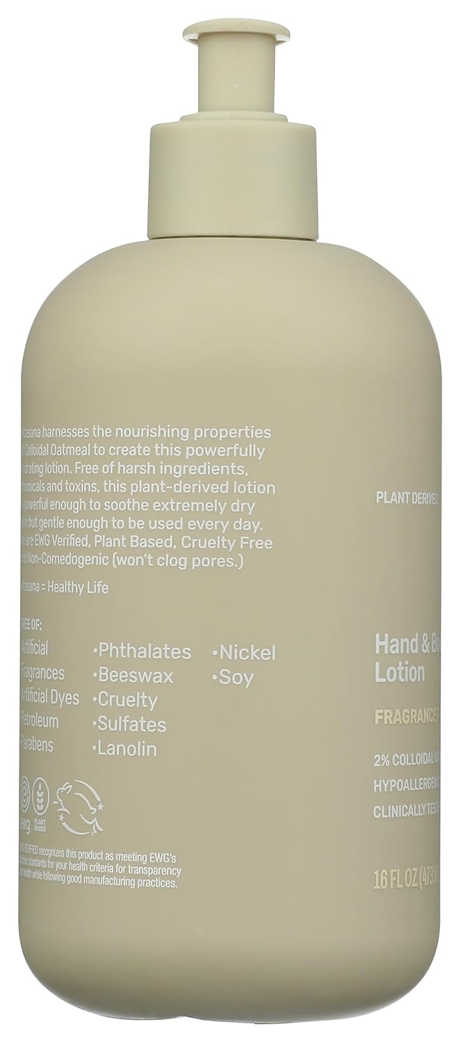 Hydrating Hand & Body Lotion, 16 oz – Fragrance‑Free, 99% Plant‑Derived with 2% Colloidal Oatmeal, EWG Verified, Hypoallergenic, Paraben‑Free, Sulfate‑Free, Cruelty‑Free