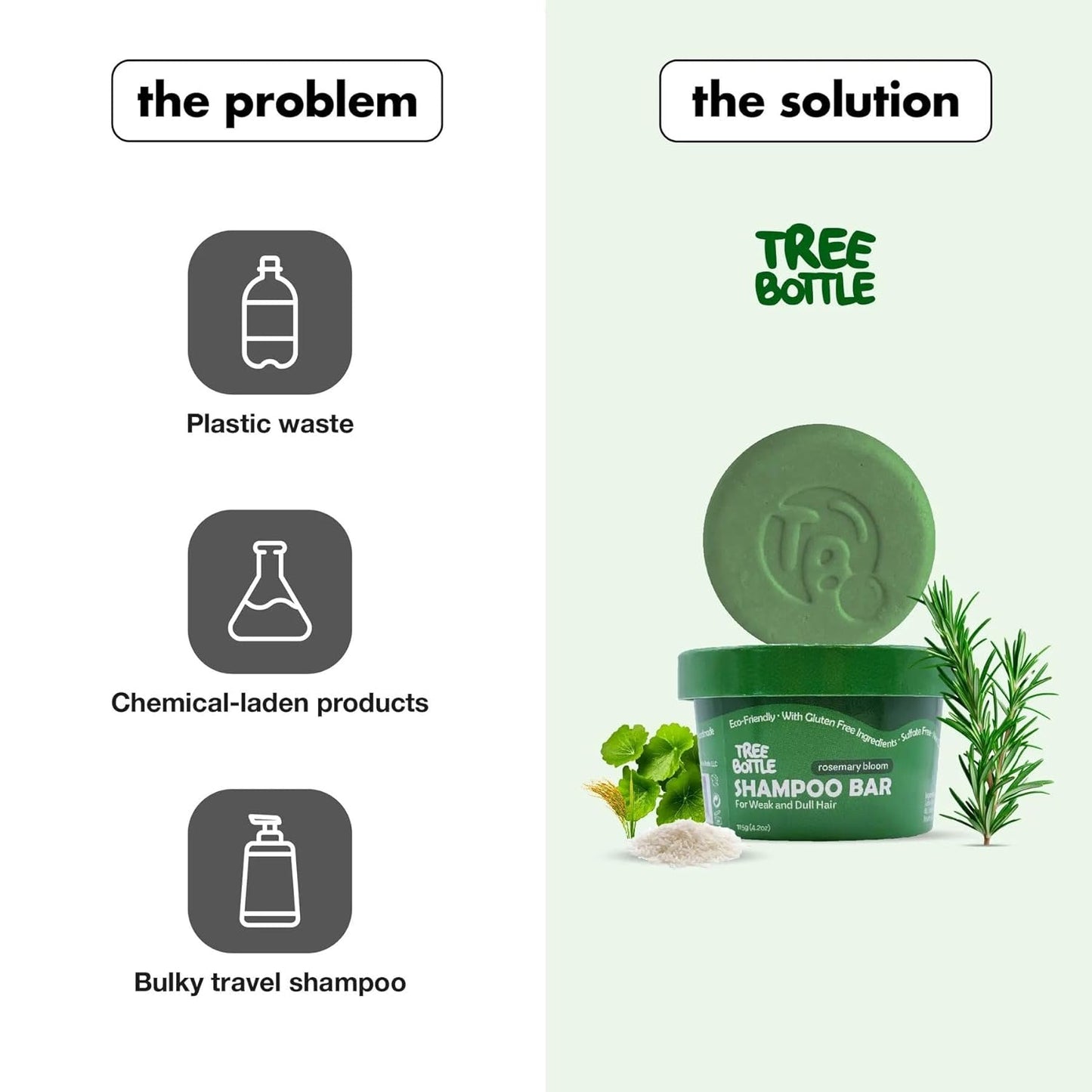 Tree Bottle Rosemary Shampoo Bar with Rice Water & Centella Asiatica Extract - For Volumizing & Fuller Hair - Shampoo for Women and Men - Free of Parabens & Sulfates - Made in USA - 4.5oz