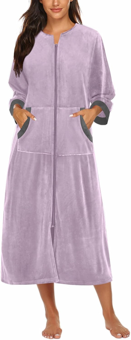 Ekouaer Women Zipper Robe 3/4 Sleeves Loungewear Dress Full Length Sleepwear Pockets Housecoat Nightgown Long Bathrobe