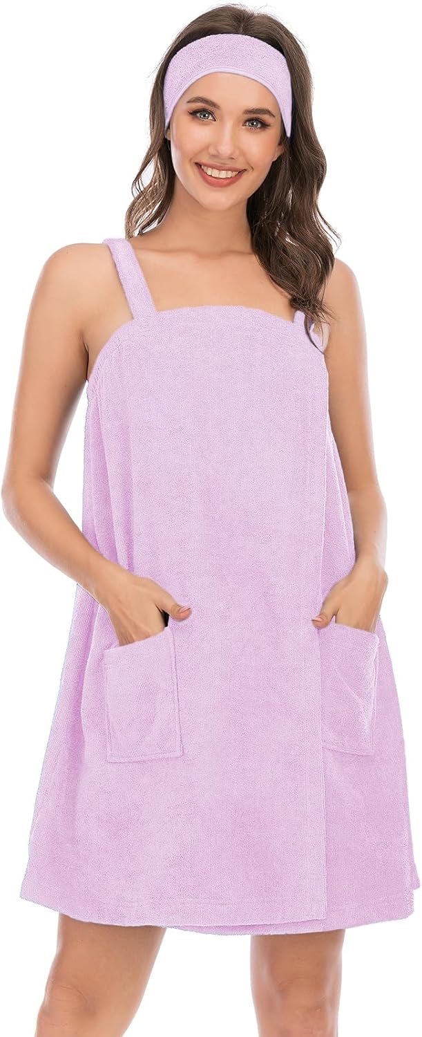 Veseacky Women Bath Wrap Towel for Womens Shower with Pocket Adjustable Spa Robe & Facial Headband