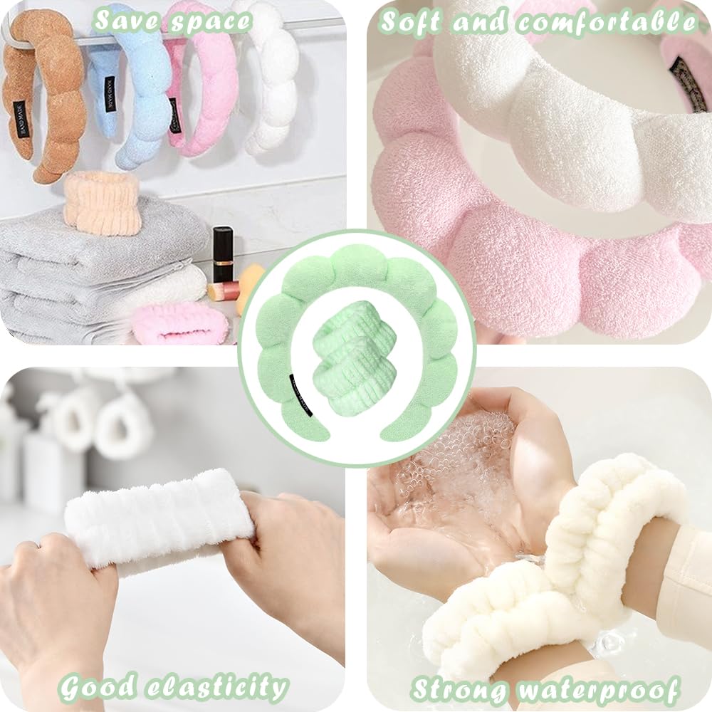 Spa Headbands for Washing Face Wristband Set Sponge Makeup Skincare Headband Wrist Towels Bubble Soft Terry Towel Cloth Hairband for Women Puffy Headwear Non Slip Thick Thin Hair Headwear (Green)