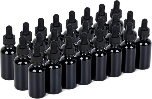 1 oz UV Resistant Dropper Bottle 24 Pack Black Glass Boston Bottles 30ml with Eye Droppers Black Caps for Essential Oils, Perfume, Leak Proof Travel Bottles for Liquids