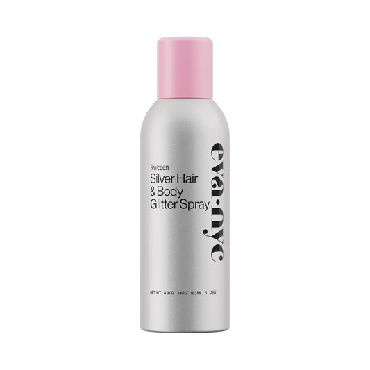 Eva NYC Kweeen Silver Hair and Body Glitter Spray - Our Original Ultra Shimmery Glitter, New Look - Adds Shine + Non-Sticky - Quick Drying Sparkle Spray - Warm Vanilla Scent - 4.9 oz