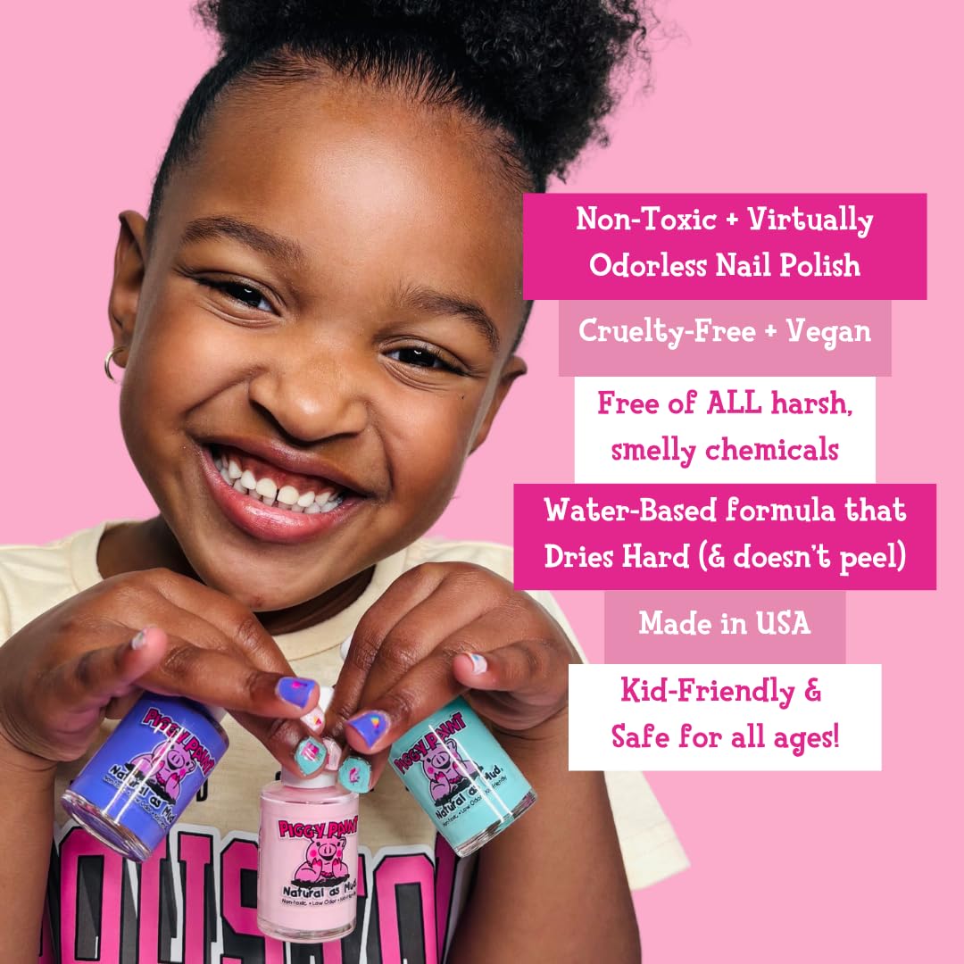 Piggy Paint | 100% Non-Toxic Girls Nail Polish | Safe, Cruelty-free, Vegan, & Low Odor for Kids | Rainbow Party (3 Polish + Nail Art Gift Set)