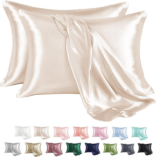 MR&HM Satin Pillowcase for Hair and Skin, Silk Satin Pillowcase 2 Pack, Queen Size Pillow Cases Set of 2, Silky Pillow Cover with Envelope Closure (20x30, Beige)