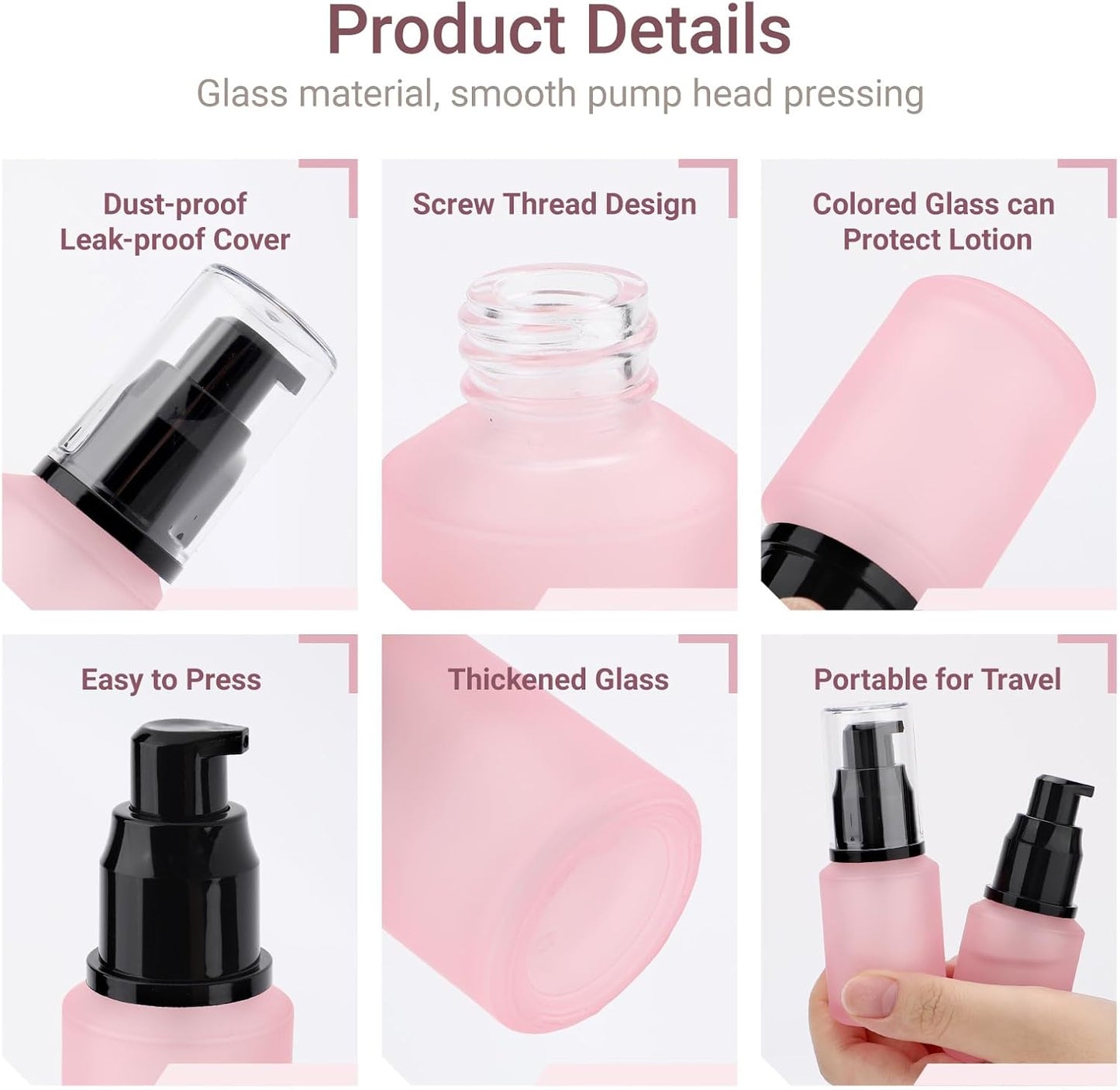 Segbeauty 1oz Frosted Glass Travel Bottles for Toiletries, Pack of 3 Refillable Travel Lotion Bottle, Pink Makeup Pump Dispenser Cream Lotion Containers, 30ml Leak Proof Cosmetic Bottles for Women