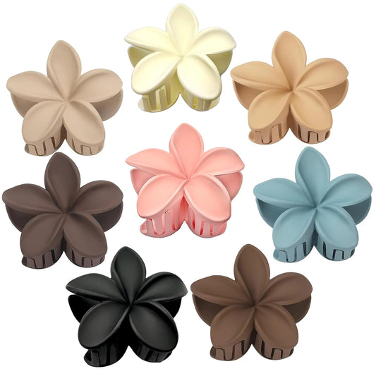 Flower Hair Claw Clips for Women, 8 Pack Hawaiian Flower Hair Clips, Plumeria Claw Clips for Thick Thin Hair, Large Strong Hold Nonslip Hawai Hair Accessories for Women Girls Gifts(Matte-8 Colors)