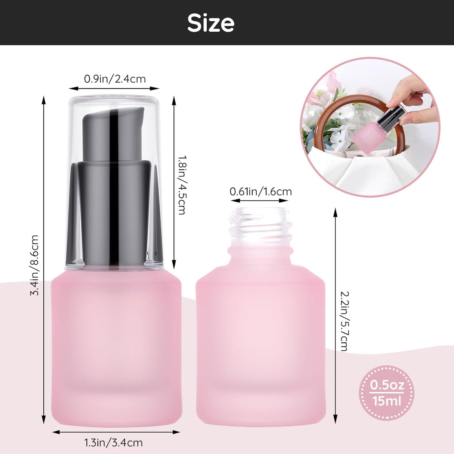Segbeauty 0.5oz Frosted Glass Lotion Pump Bottles, 3pcs Refillable Travel Size Containers for Lotions, 15ml Pink Glass Small Travel Containers for Creams, Mini Hair Oil Bottle Pump Dispenser Empty