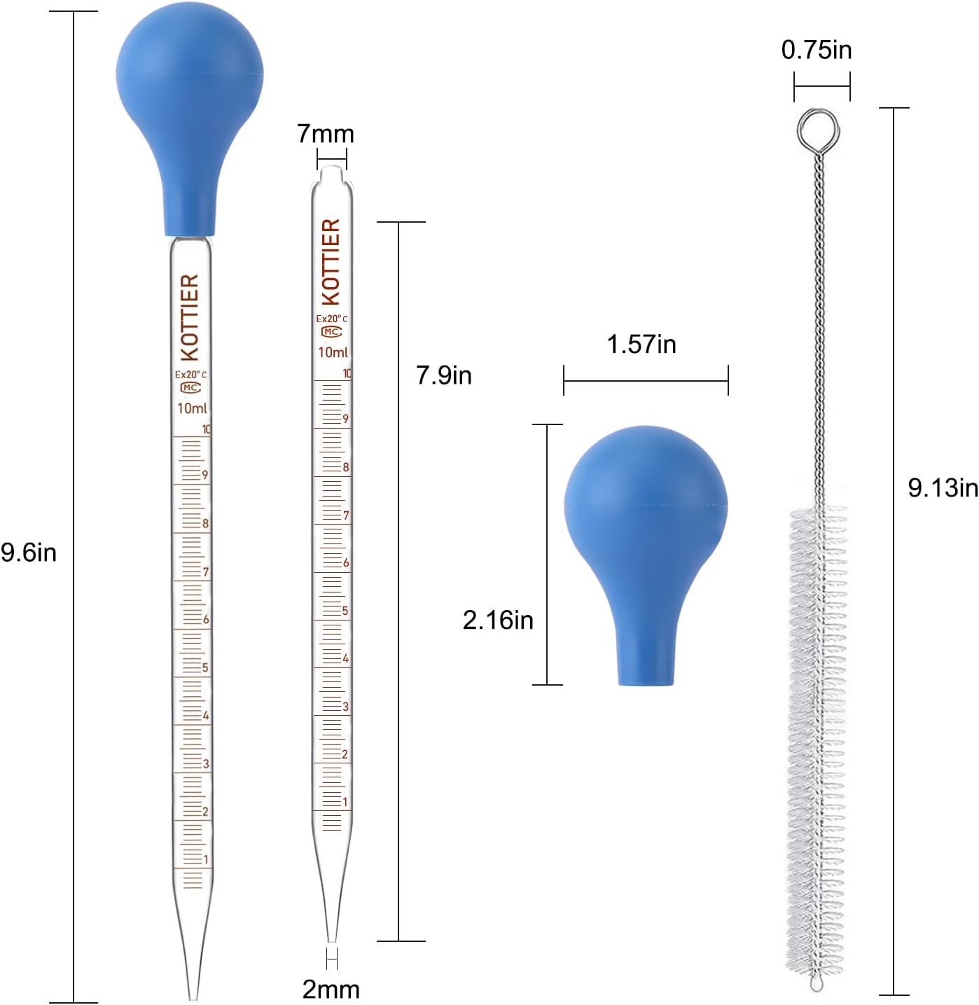 10ml Glass Pipettes Dropper, Lab Graduated Dropper for Liquid Essential Oil, Glass Transfer Pipette with Rubber Bulb and Cleaning Brush (2 pieces)