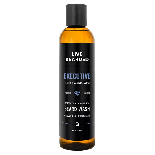 Live Bearded Beard Wash, 8 fl oz - Water-Based Face Cleanser with All-Natural Ingredients for a Gentle, Deep Clean - Made in the USA | Executive Scent - Cedar, Vanilla