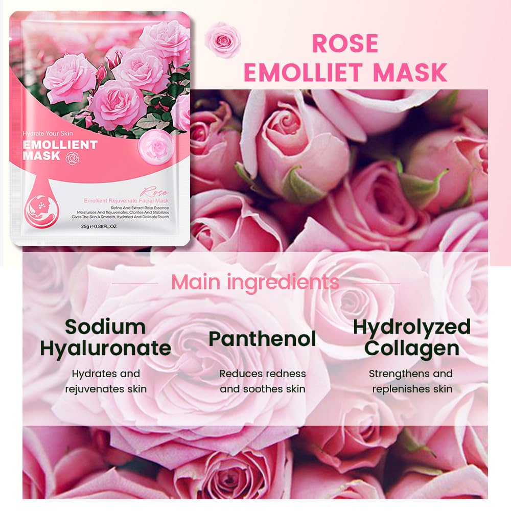 8 Pack Rose Face Sheet Mask Skincare,Hydrating Face Mask For Sensitive Skin,Moisturize,Soothing,Nourish for All Skin Types,Natural Spa Party Facial Mask Skincare Set for Women Men Girls