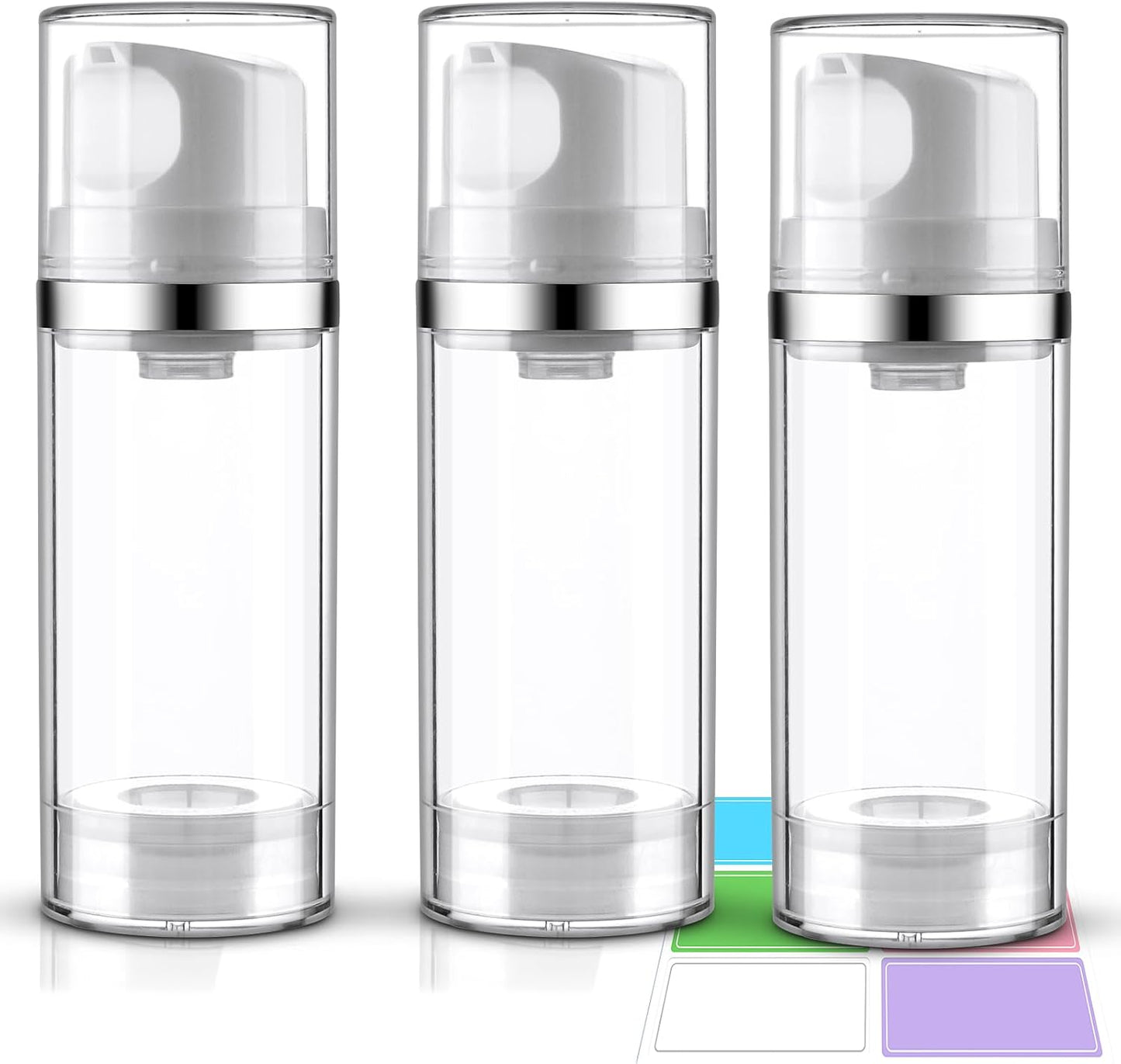 Airless Pump Bottles 3.4oz/100ml 3 Pack Lotion Dispenser Travel Pump Bottles for Toiletries Airless Cosmetic Pump Container Airless Pump Jar for Toiletries Shampoo Cream with Labels(Clear)