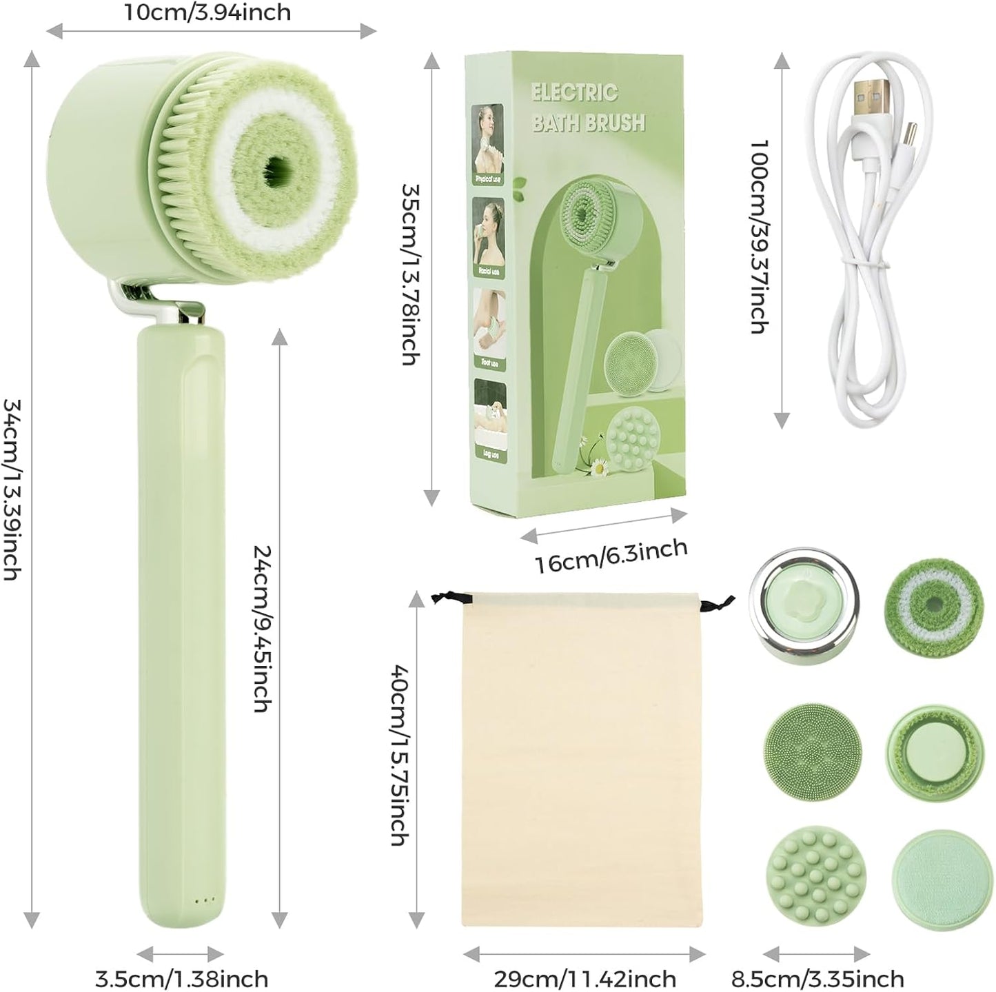 Bath Brush Electric Back Scrubber for Shower, Rechargeable Electric Body Brush with Detachable Long Handle with 5 Heads, Bath Brush with 3 Speeds for Exfoliating, Cleaning and Massaging