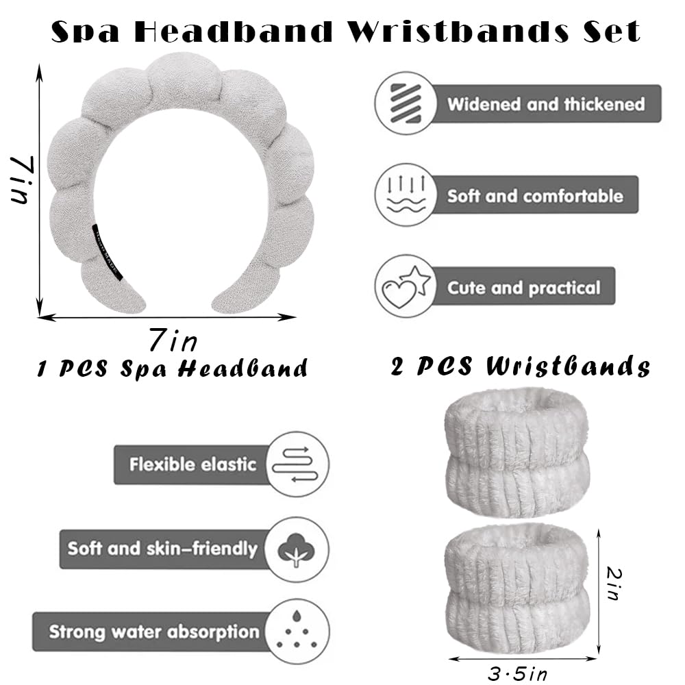Spa Headbands for Washing Face Wristband Set Sponge Makeup Skincare Headband Wrist Towels Bubble Soft Terry Towel Cloth Hairband for Women Puffy Headwear Non Slip Thick Thin Hair Headwear (Gray)