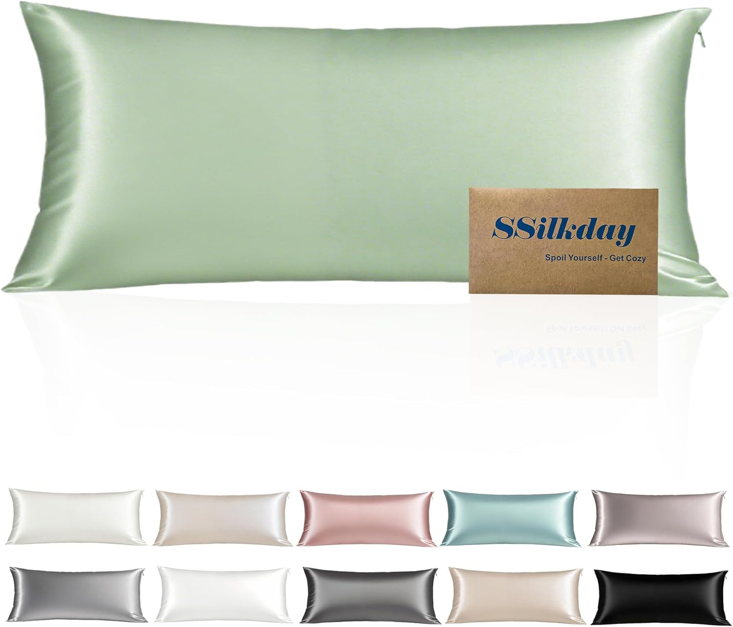 Mulberry Silk Body Pillow Pillowcase with Zipper, Ultra Smooth Soft Breathable Cooling Pillow Cases for Hot Sleepers, Silk Satin Body Pillow Cover for Hair and Skin (Sage Green, 20×54 Inches, 1 Pack)