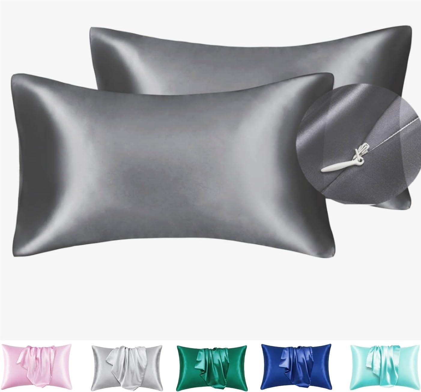 Juwenin Bedding,Luxury Satin Pillowcase with Zipper (Silky Satin Pillow Case for Hair) Set of 2 (Dark Grey, King(20''x36'))