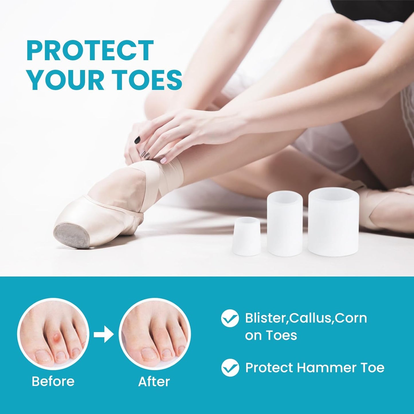 Povihome Toe Sleeves, Toe Protectors, 12 Pack Toe Tube Pads for Hammer Toe,Stubbed Toe,Corns, Calluses Protect (3 Different Sizes, White)