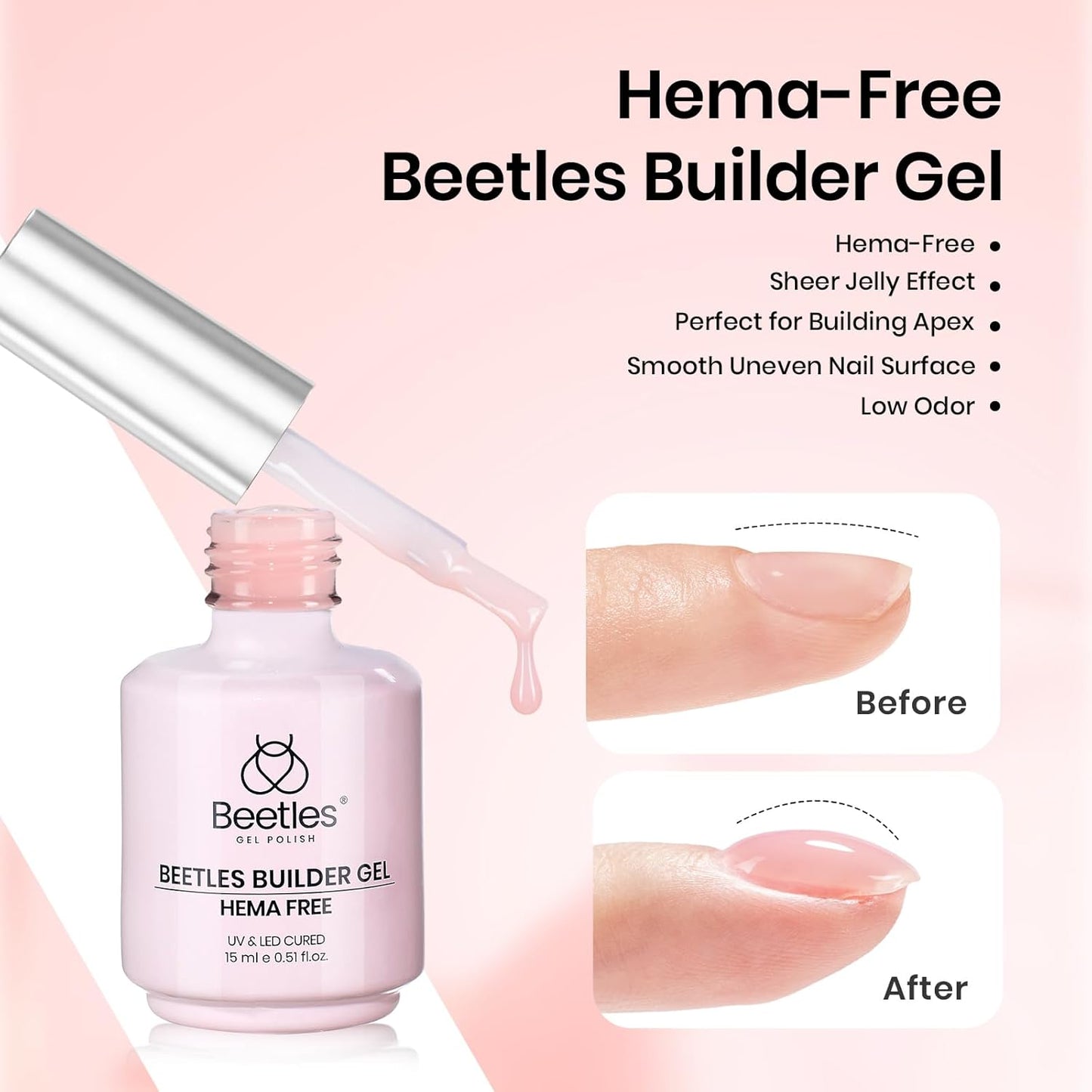 Beetles Hema Free Pink Builder Gel with No Wipe Gel Top Coat and Base Coat Shine Finish and Long Lasting, Soak Off LED Jelly Nude Builder Nail Strengthener Extension Thickening & Repair