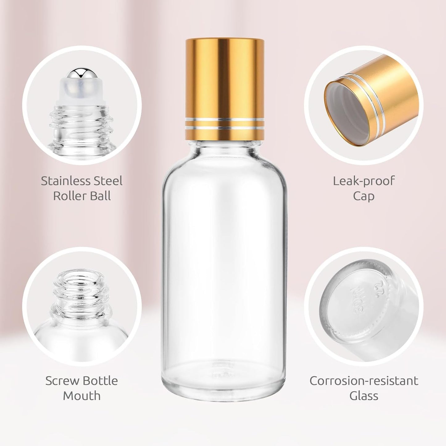 30ml Glass Roller Bottles 4-Pack, Refillable Roll-On Bottles for Essential Oils, Perfume, and DIY Blends with Stainless Steel Rollers-Clear, Gold Cap