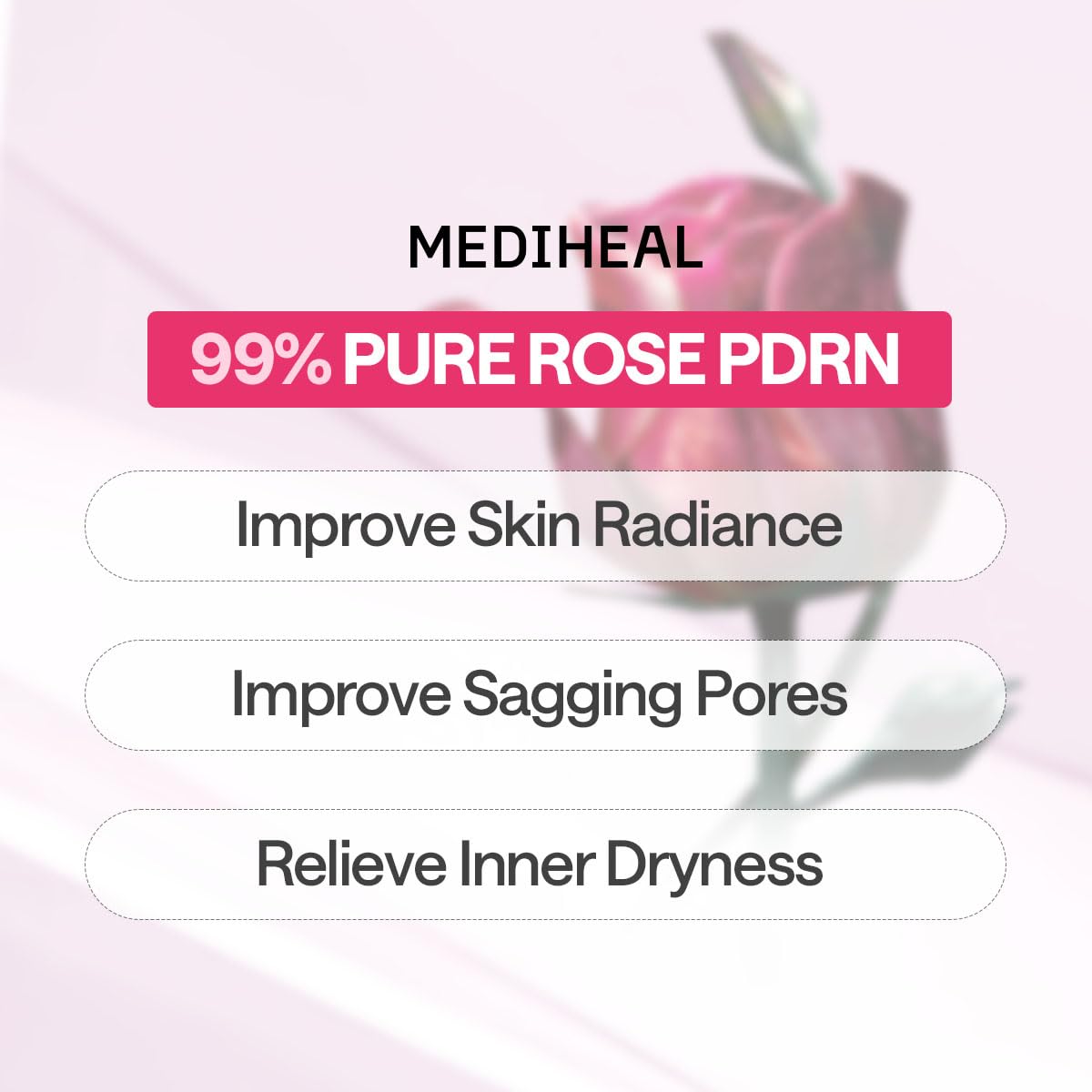 Mediheal Rose PDRN Essential Sheet Mask 4 pcs. 99% Pure White Rose PDRN & Hyaluronic Acid for hydrating, firming, and enhancing moisture barrier, skin firmness, and glow. Vegan formula
