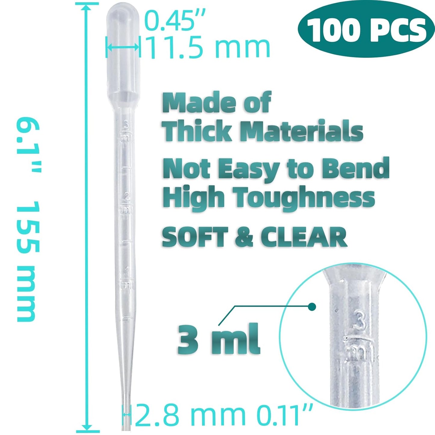 100 PCS 3ML Pipettes Dropper - Disposable Plastic Dropper Pipette for Accurate Liquid Transfer, Excellent Suction, Pipettes for Essential Oils, Resin, Crafts, Labs, Kids Activities, DIY Art