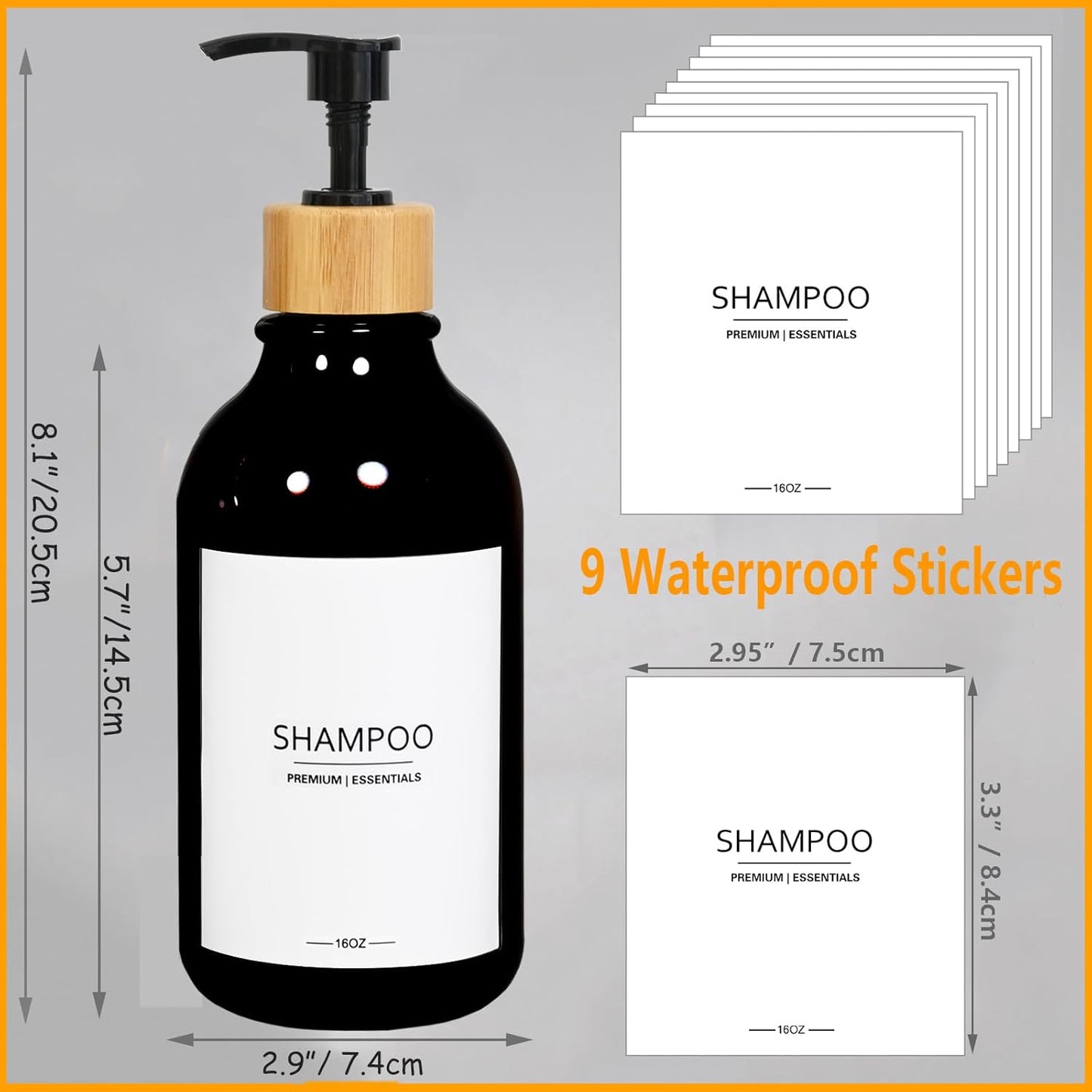 Shower Shampoo and Conditioner Bottles, Apothecary Dispenser Bamboo Pump, Refillable Bottles for Lotion Oil Hand Soap and Dish Soap, Plastic Set (3 Bottles 9 Labels) (3, Black)