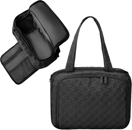 SUNRISING Travel Toiletry Bag Makeup Bag for Women, Large Water-Resistant Travel Cosmetic Make Up Bag with Handle，Travel Toiletry Bags for Compartments Accessories Essentials-Black