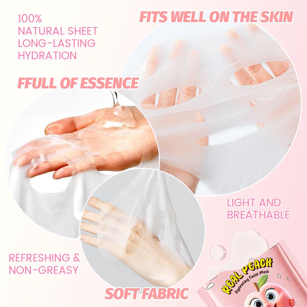 8 Pack Peach Kids Face Mask,Pink Face Masks Skincare Spa Day Kit Supplies,Spa Party Favors for Teens Girls Women,Sheet Facial Mask Skincare Gifts Set,Moisturize Soothe for All Skin Types
