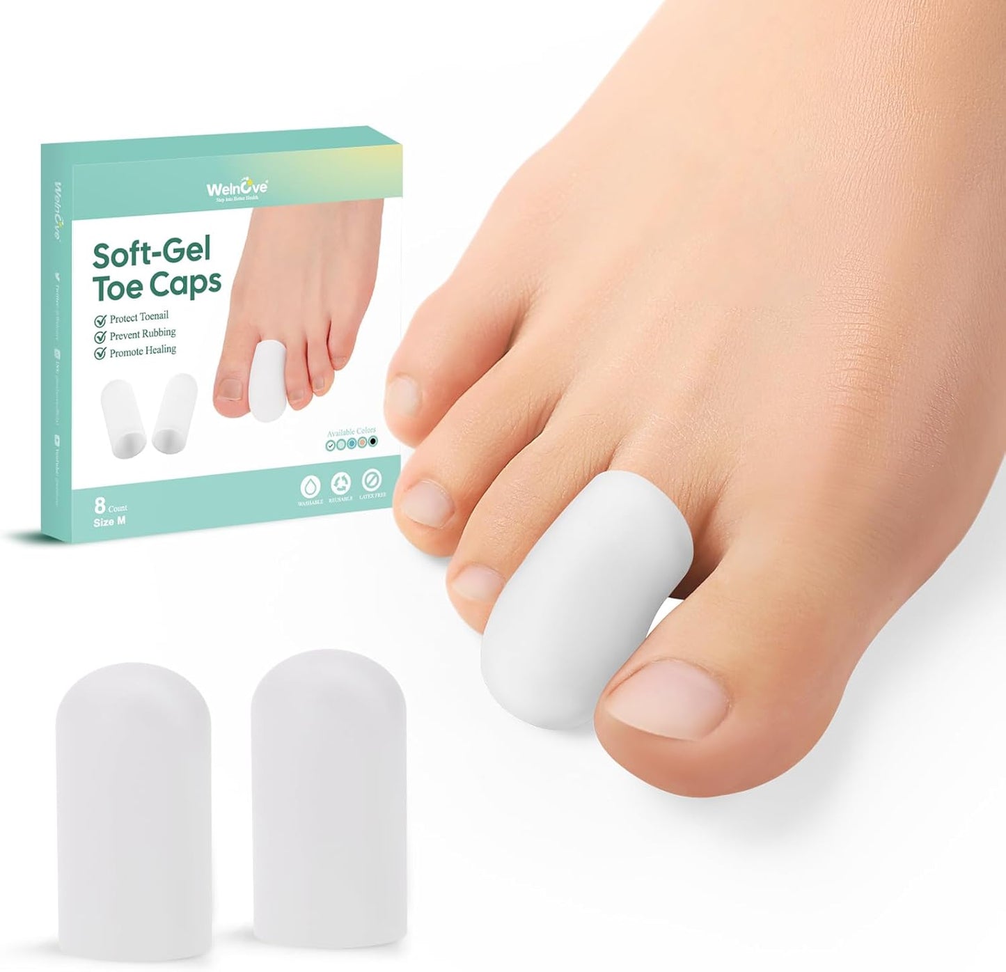 Welnove Gel Toe Cap and Protector - Silicone Toe Covers - Toe Cushions for Pain Relief, Missing or Ingrown Toenails, Corns, Calluses, Blisters (8 Medium, White)