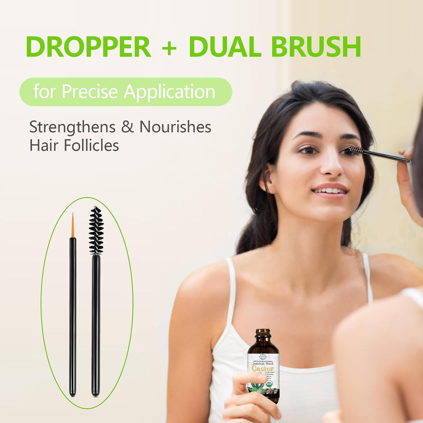 USDA Organic Jamaican Black Castor Oil - 100% Pure, Cold Pressed, Hexane-Free & Vegan, 2oz Brown Glass Bottle w/Dropper & Dual Brush for Hair Growth, Thicker Eyelashes, Brows & Scalp Care