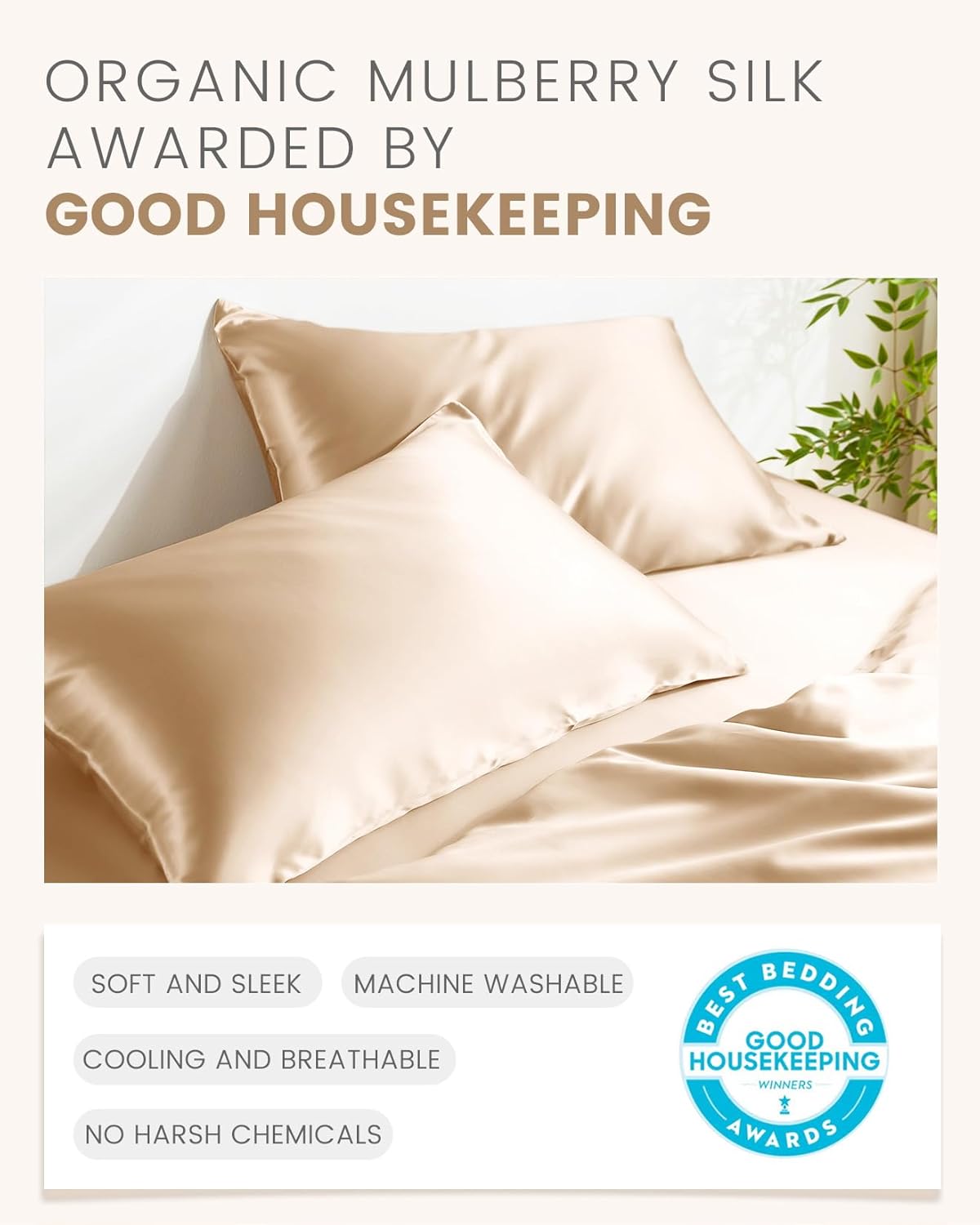 THXSILK 100% Mulberry Silk Pillowcase for Hair and Skin Health, Soft and Smooth Pillowcase with Hidden Zipper, Both Sides Premium Grade 6A+ Silk, 1pc (Standard 20"x26", Beige)