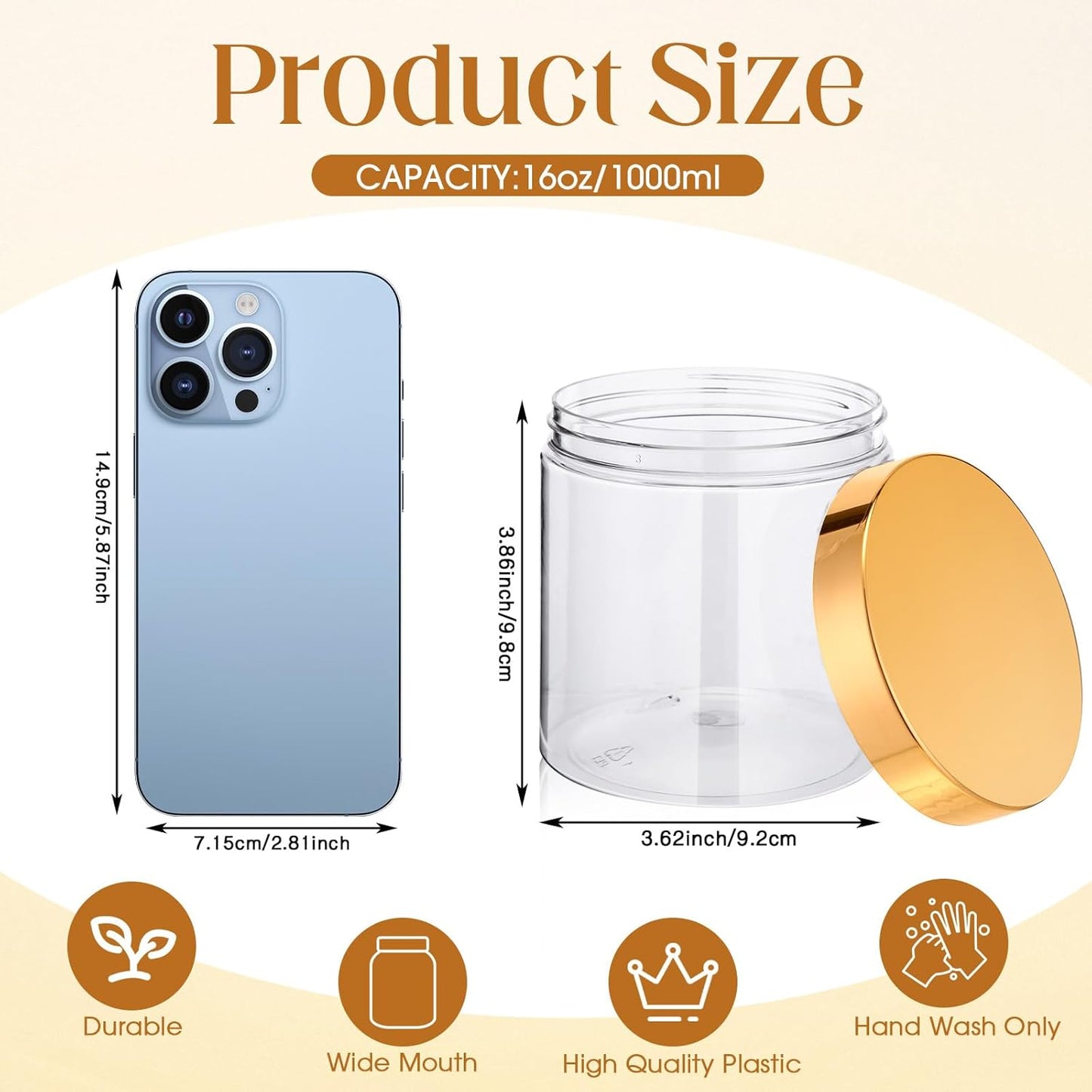 SATINIOR 12 Pack 16 oz Plastic Container Jars with Lids Round Clear Travel Cosmetic Container Slime Jars for Toiletries, Lotion, Cream, Ointments, Makeup, Rhinestone, Samples, Kitchen Storage(Gold)