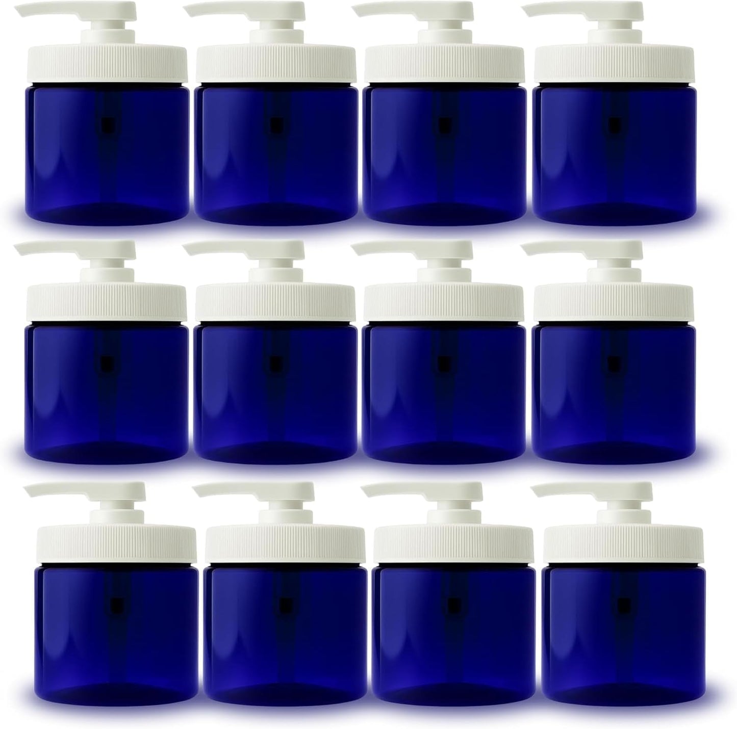 Royal Massage 16oz Refillable Pump Jar with Locking Dip Tube Dispenser – BPA-Free Plastic Container for Massage Oils, Lotions, Creams – Ribbed Lid Wide-Mouth Jar – Durable & Reusable (Blue/White, 12)