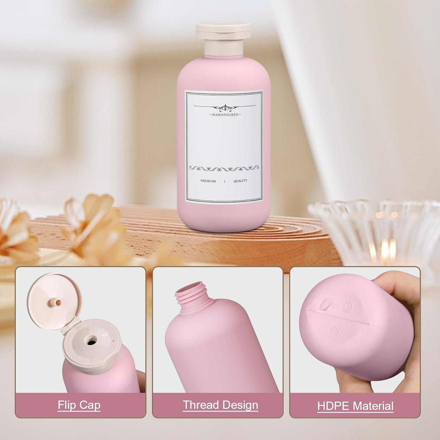 Travel Shampoo Bottle, Empty Plastic Squeeze Bottles 10oz with Flip Cap, Lotion Container for Toiletries Travel Size Shampoo and Conditioner (3 pack pink)