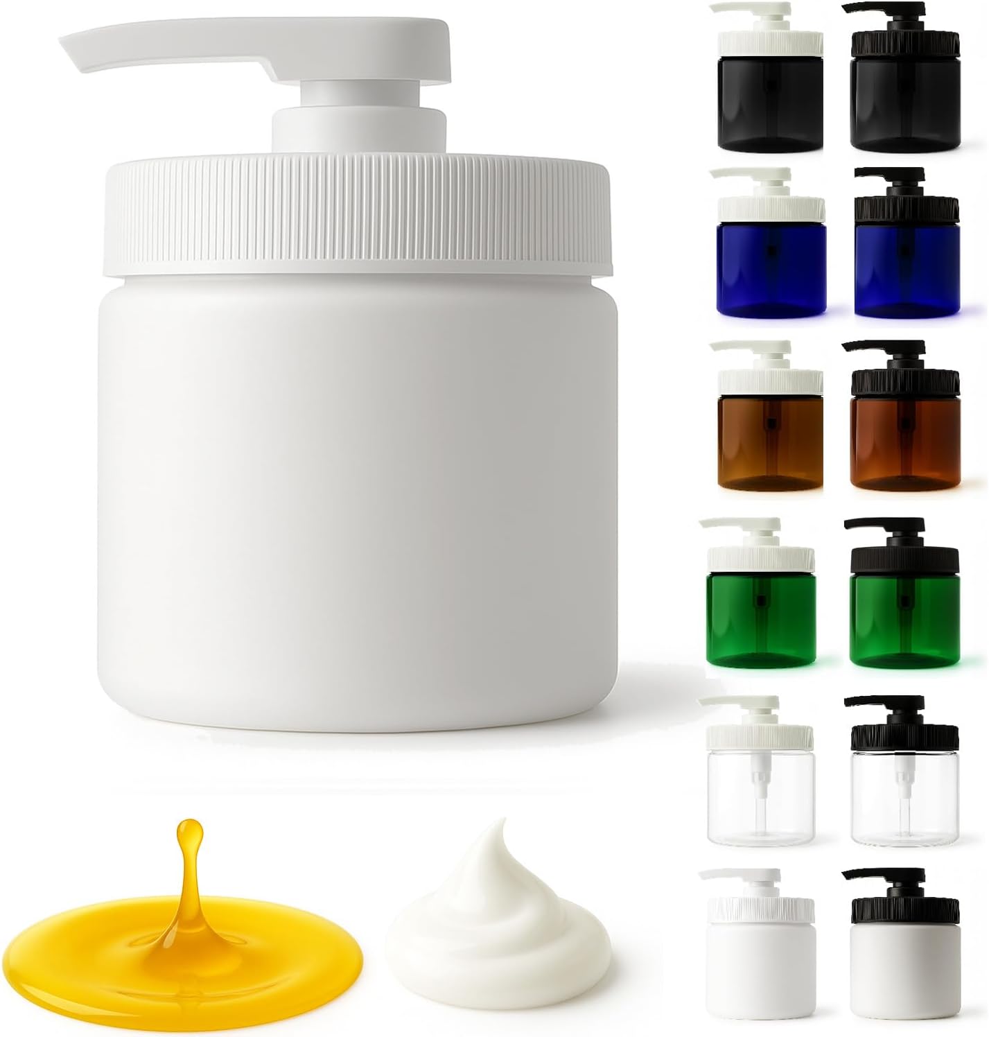 Royal Massage 16oz Refillable Pump Jar with Locking Dip Tube Dispenser – BPA-Free Plastic Container for Massage Oils, Lotions, Creams – Ribbed Lid Wide-Mouth Jar – Durable & Reusable (White/White, 1)