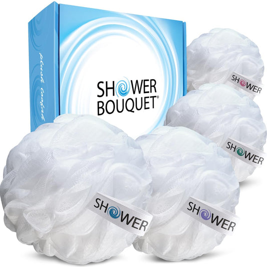 SHOWER BOUQUET Loofah Soft-White-Cloud XL Bath-Sponge 4-Pack // Extra Large 75g Mesh Loofa Lufa Pouf Set for Men and Women - Exfoliate with Big Gentle Cleanse Scrubber in Beauty Bathing Accessories