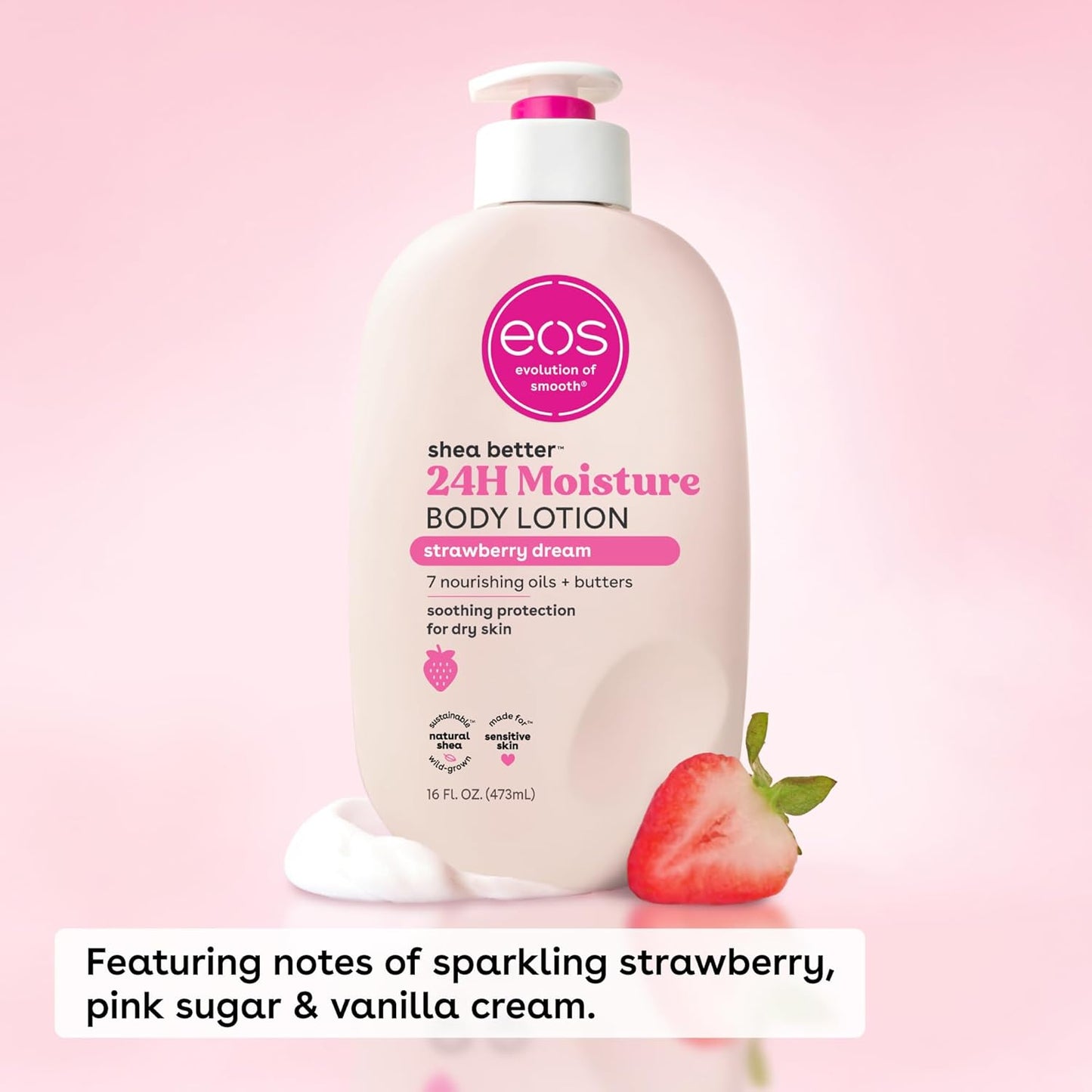 eos Shea Better Body Lotion Strawberry Dream, 24-Hour Moisture Skin Care, Lightweight & Non-Greasy, Natural Shea, Vegan, Strawberry Body Lotion, 16 fl oz