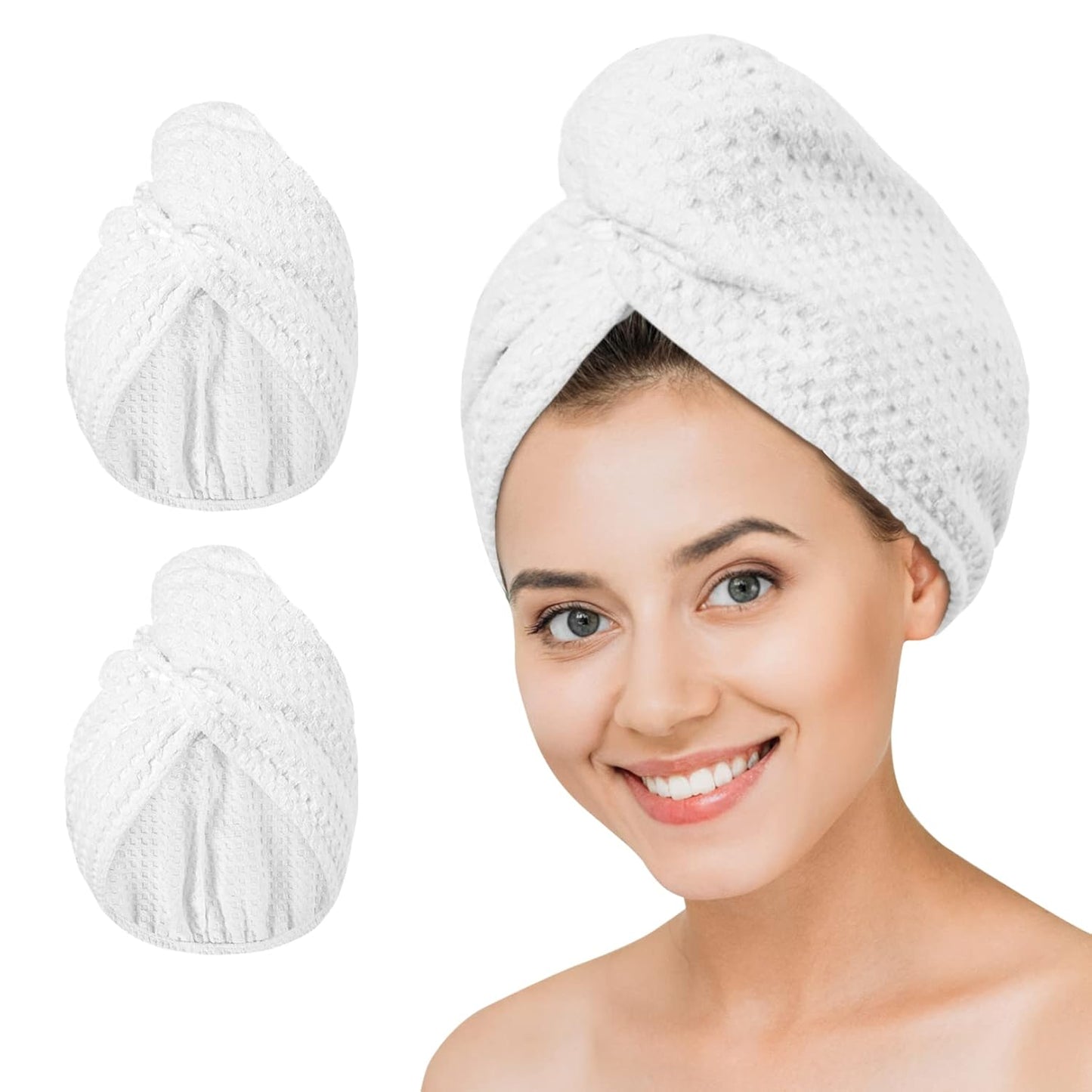 Microfiber Hair Drying Towel - 2Packs Waffle Long Hair Head Turban Wraps Terry Cloth Fast Absorbent Dry Anti Frizz Twist Plopping Curly Shower Turban for Women Wet Hair (White)